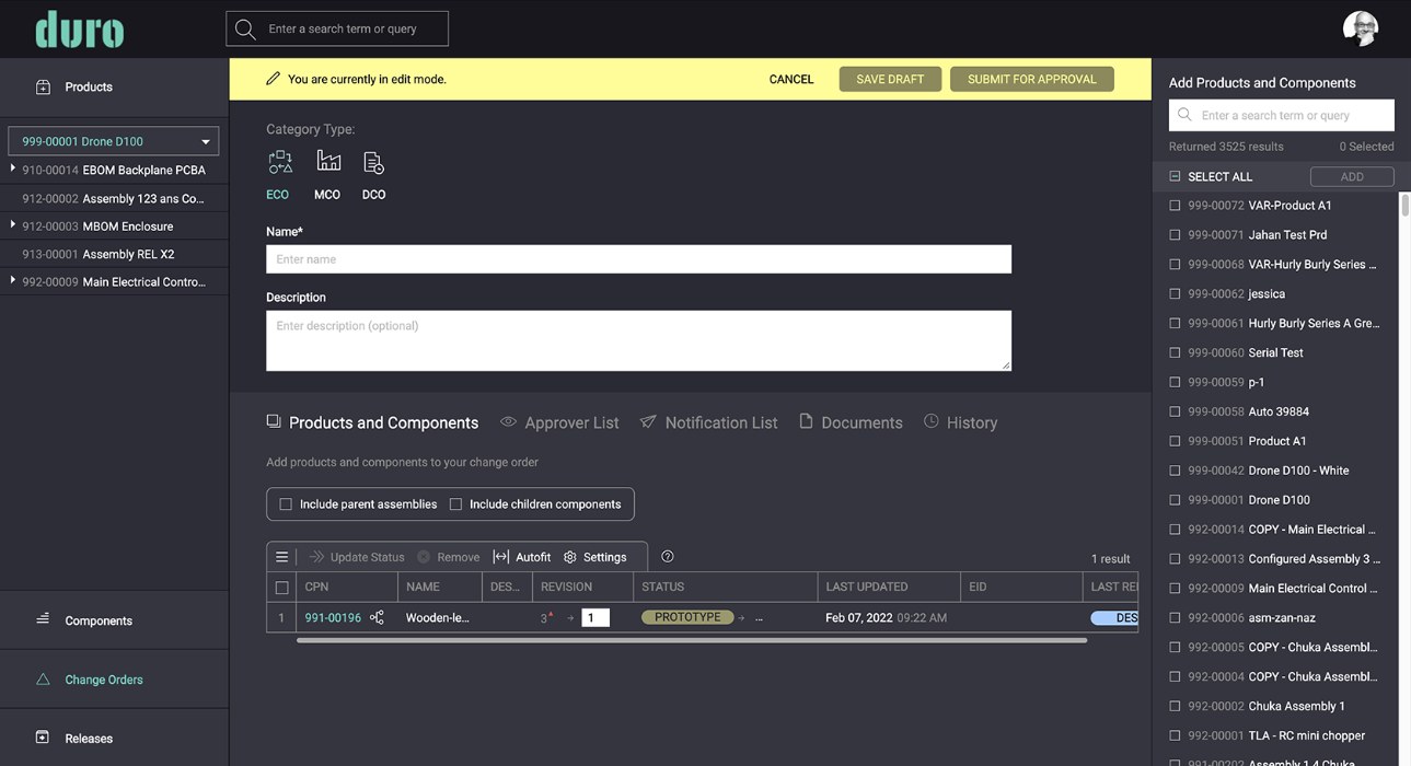 Duro original change-order interface