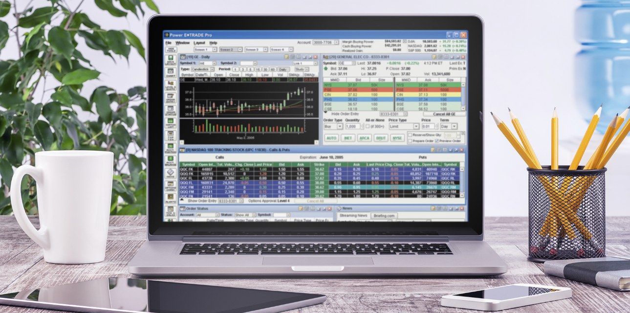 Power E*TRADE Pro running on a laptop on a desk