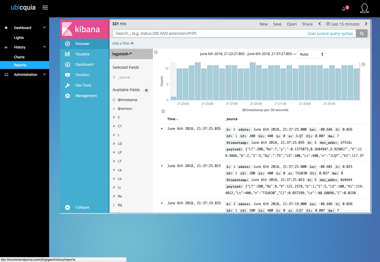 Version 1 reports screen showing a raw Kibana log view