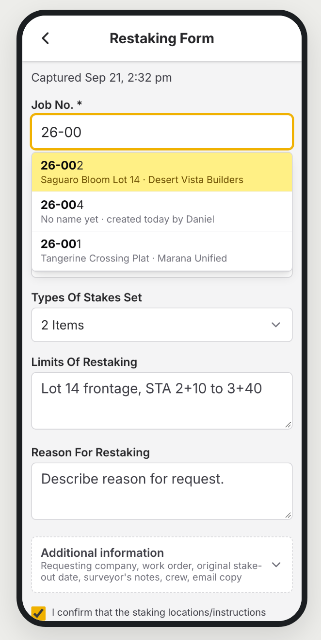 ZiaMap restaking form with job-number type-ahead matching projects