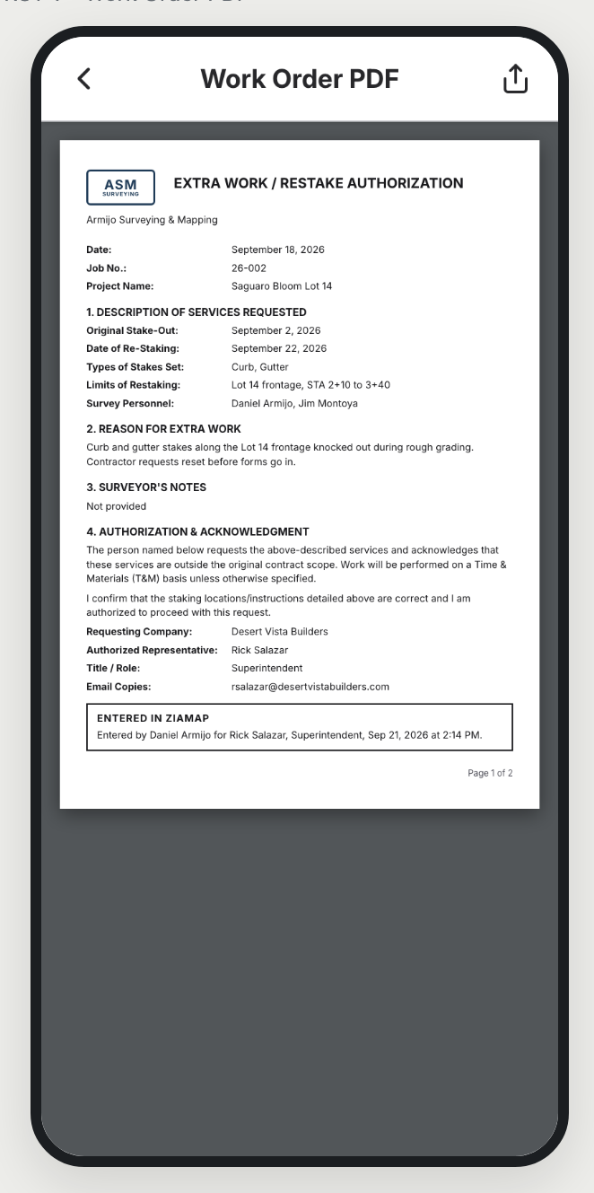 Submitted restake authorization rendered as a work order PDF