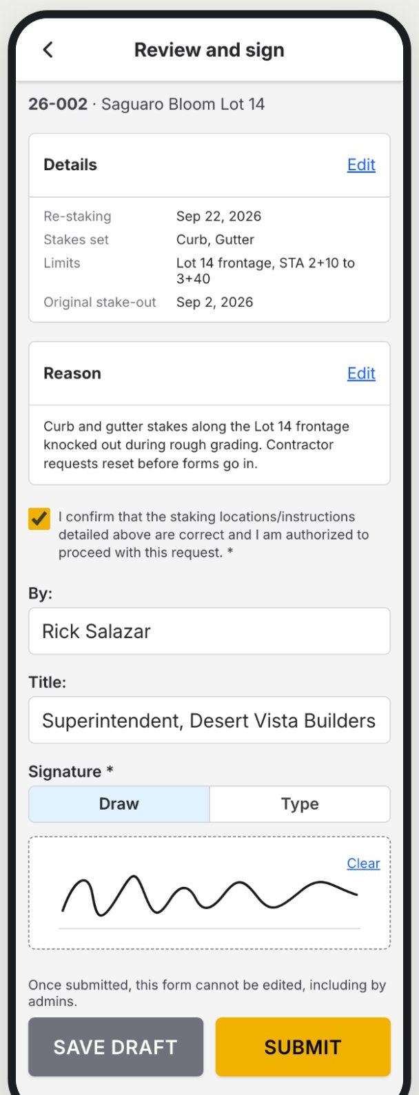 ZiaMap review-and-sign concept screen with section read-back, Edit links and a Draw or Type signature
